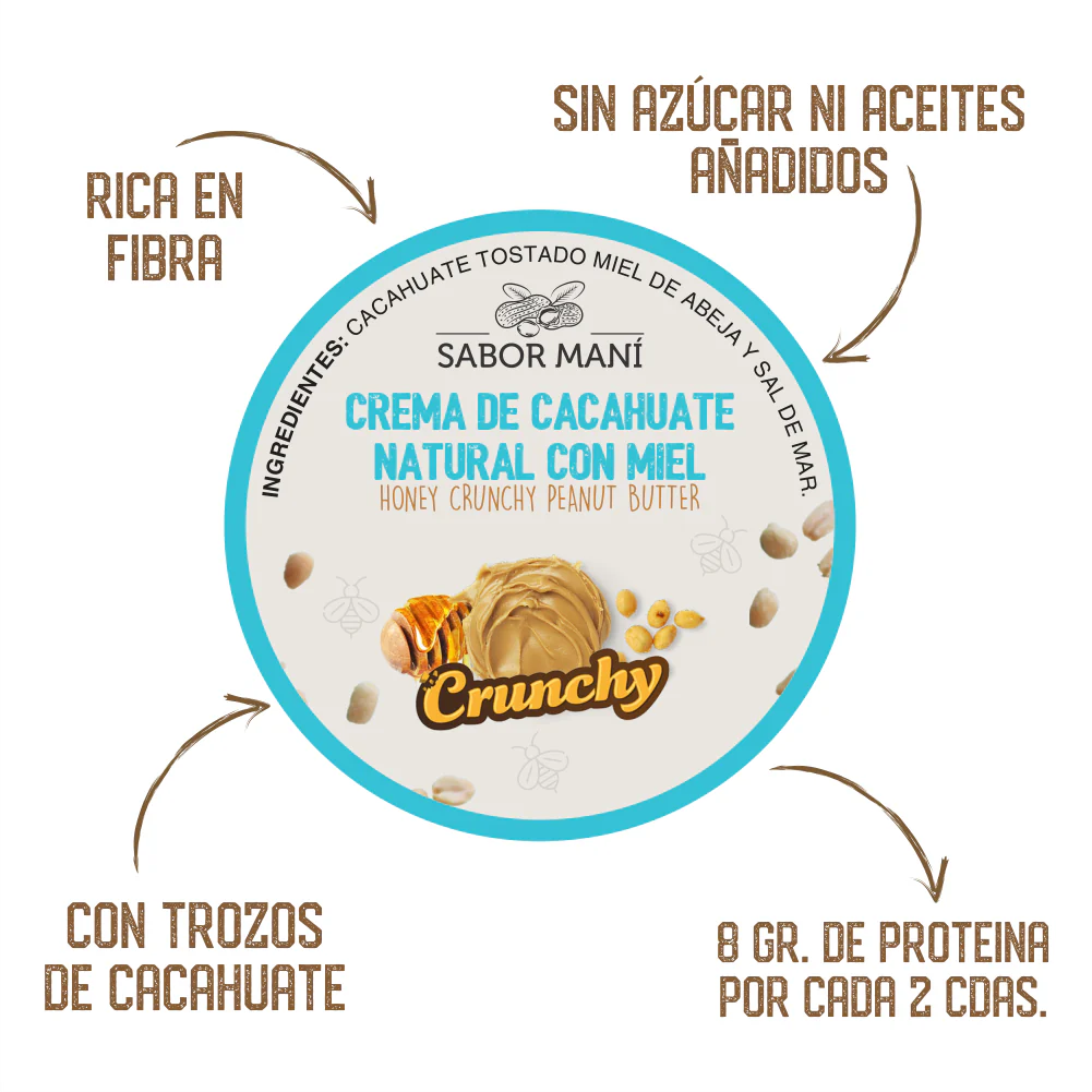 SABOR MANÍ Crema de cacahuate con miel de abeja y trozos de cacahuate CRUNCHY 770g Pet