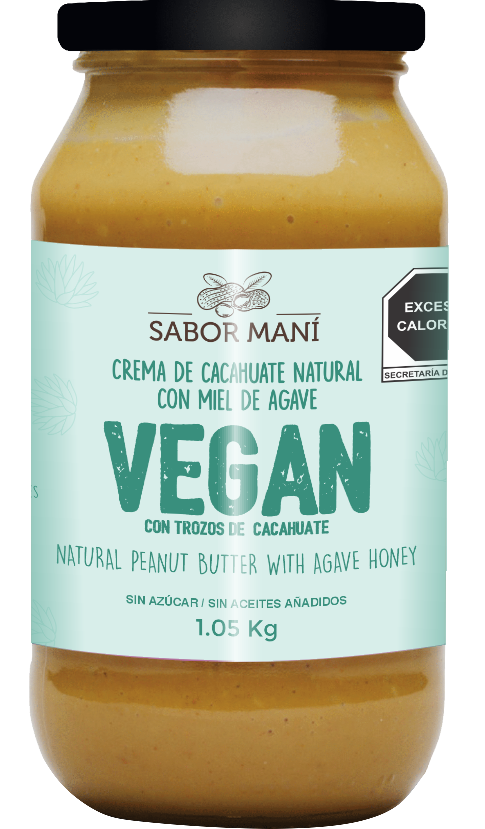 Sabor Maní Crema de Cacahuate Vegana con Agave y Trozos Crunchy 1.05kg | Endulzada con Miel de Agave | Sin Azúcar Refinada